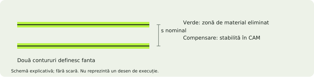 Schemă explicativă: Kerf: lățimea tăieturii și compensarea