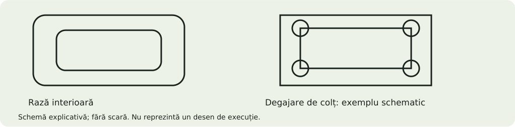 Schemă explicativă: Buzunare: raza sculei și adâncimea
